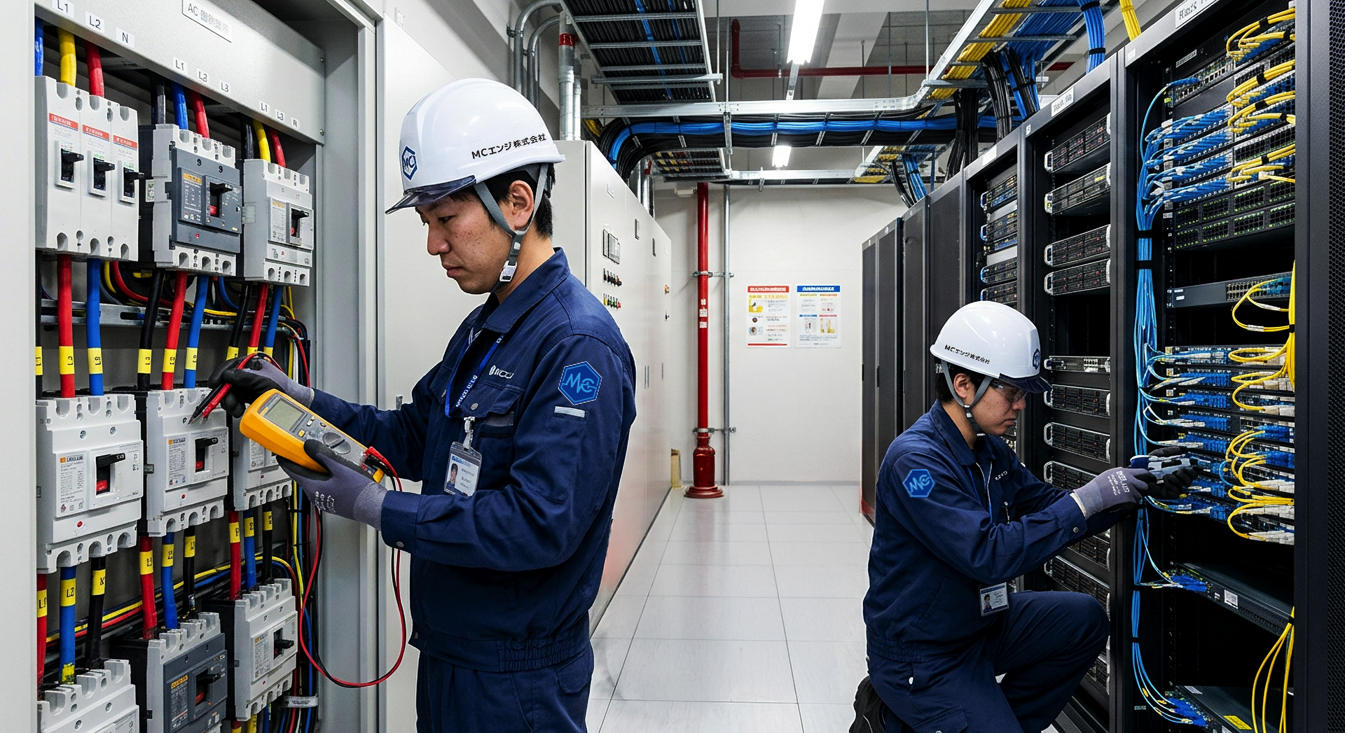 MCエンジのスタッフが電気設備の点検・光ファイバー配線作業を行う様子